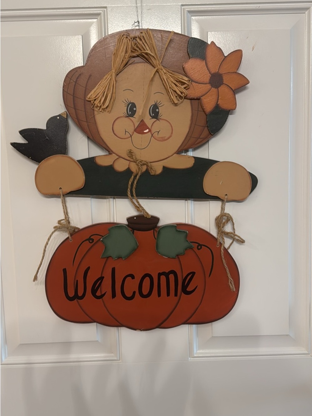 Welcome Pumpkin Scarecrow Wall Hanging - Orange & Green Home Decor